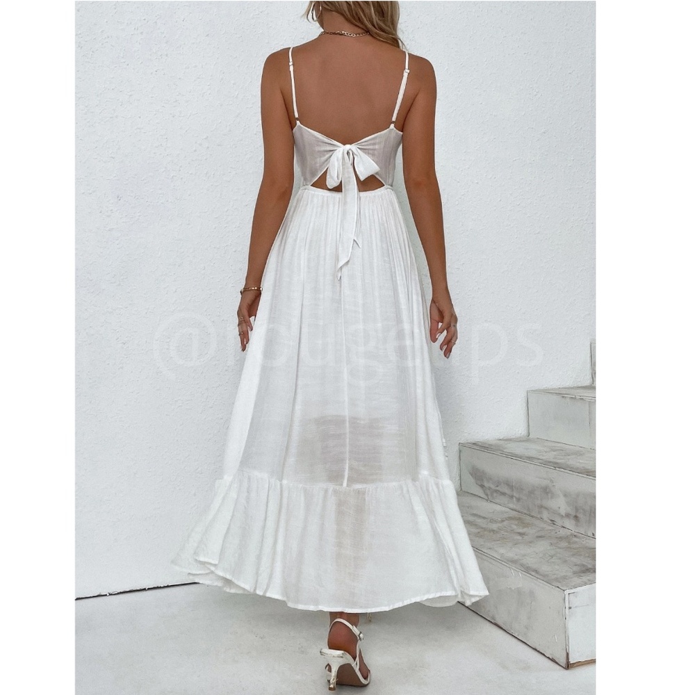 White Long Flared Maxi Dress Cami Tie Back Lace Crochet Detail - Picture 2 of 8